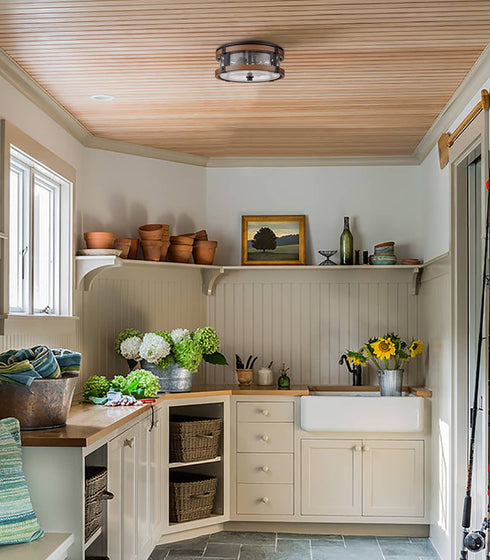 Farmhouse Clear Seeded Glass Ceiling Light Fixture Black+Rustic Wood Grain Finish